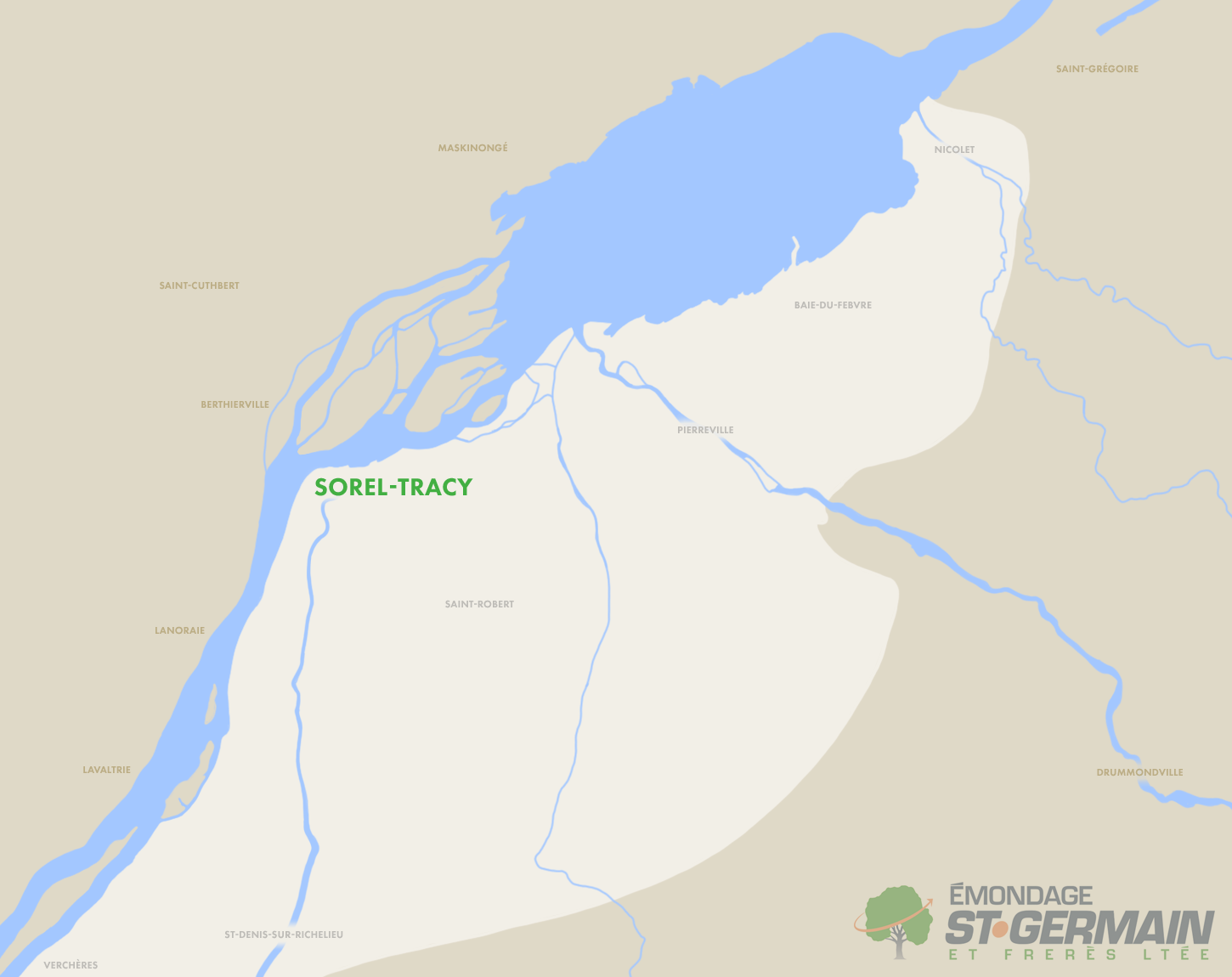 Territoire couvert pour notre service d'élagage des arbres, l'abattage, l'essouchement dans la région de Sorel-Tracy et environs. émondage, élagage Sorel-Tracy et environs